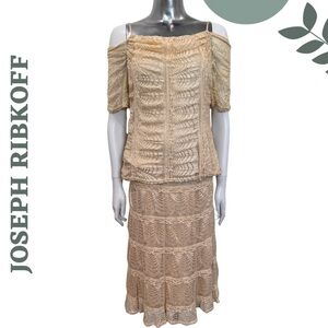 Joseph Ribkoff Cream Gold Lace Sequin 2Piece Set Skirt Top Holiday Style Size 8